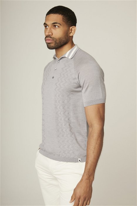 Image of model wearing Textured Wool Polo Shirt. 
