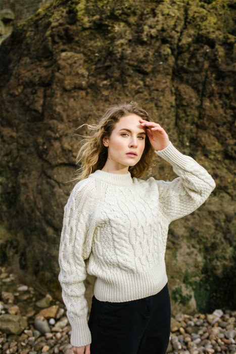 Image of model wearing Isobel Aran Jumper. Model is 5ft8, size UK 8 and wearing size Small