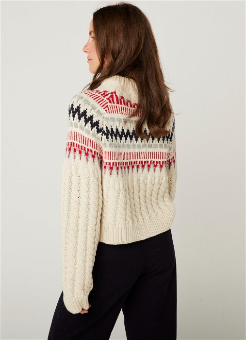 Image of model wearing Alpine Chalet Sweater. Model is 5ft8in, size UK 8 and wearing size Small