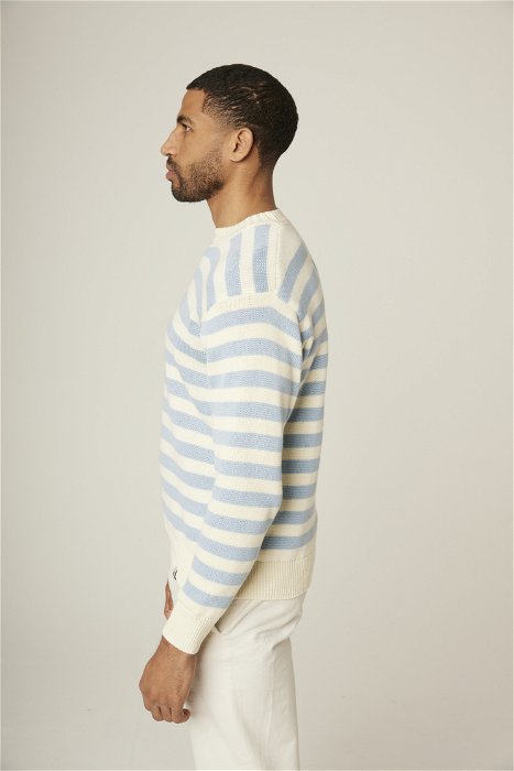 Image of model wearing Richmond Sweater. Model is 6ft, chest size 36in and wearing size Medium