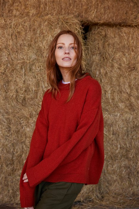Image of model wearing Riley Crew Jumper. Model is 5ft8, size UK 8 and wearing size Small