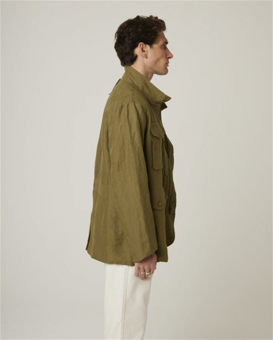 Image of model wearing Malvern Linen Jacket. 