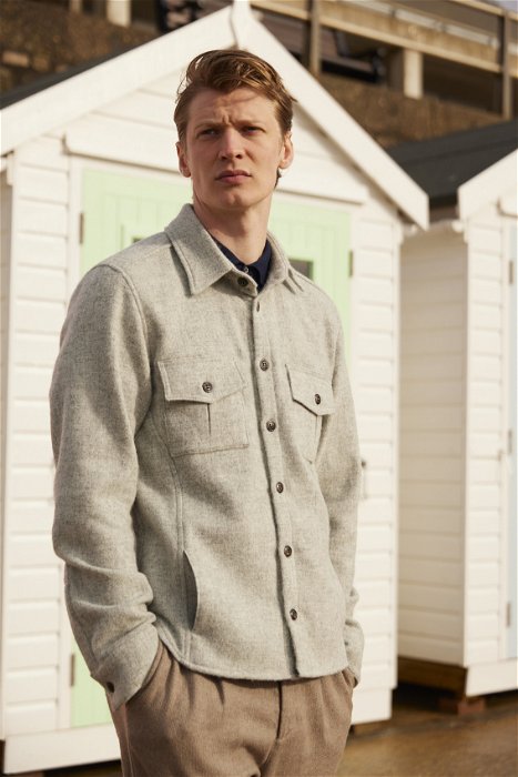Image of model wearing Dexter Overshirt. Model is 6ft1in, chest size 38in and wearing size Large