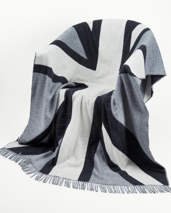 Image of model wearing Grey Union Jack Wool Blanket. 