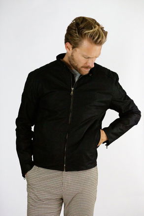 Image of model wearing Waxed Biker Jacket. Model is 6ft1in, chest size 40in and wearing size Large