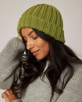 Image of model wearing Milliner Ribbed Beanie. One Size