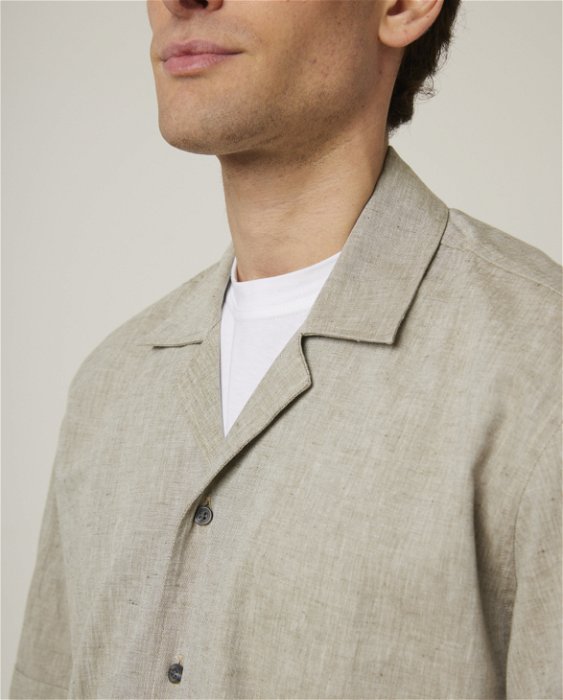 Image of model wearing Linen Short Sleeve Shirt . 