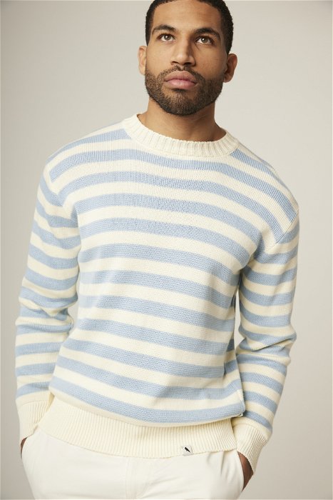 Image of model wearing Richmond Sweater. Model is 6ft, chest size 36in and wearing size Medium