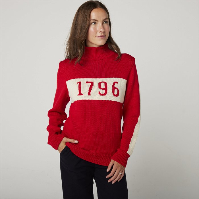 Image of model wearing 1796 Crew Jumper. Model is 5ft8in, size UK 8 and wearing size Small