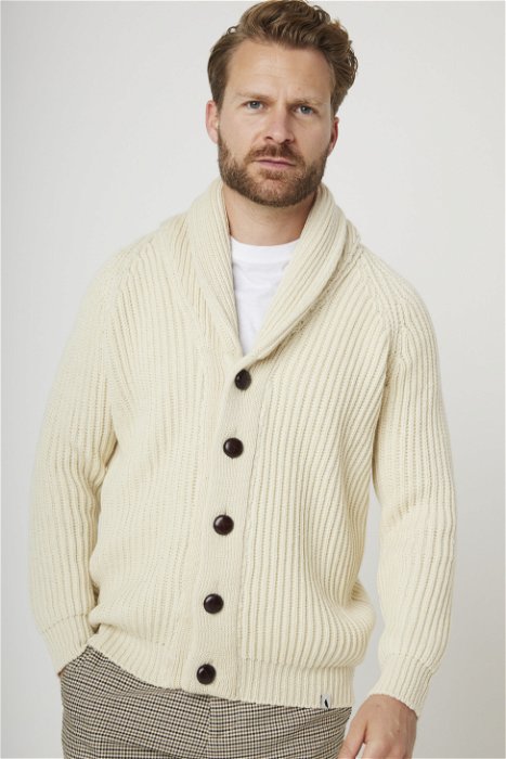 Image of model wearing Wilkinson Cardigan. Model is 6ft1in, chest size 38in and wearing size Large