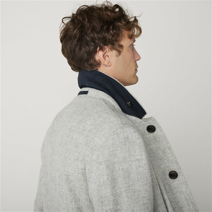 Image of model wearing Emerson Coat. Model is 6ft1in, chest size 38in and wearing size Medium