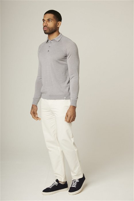 Image of model wearing Long Sleeve Wool Polo Shirt. 