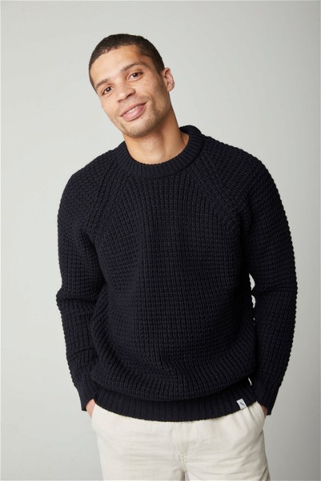 Image of model wearing Waffle Crew Neck Jumper. Model is 6ft, chest size 36in and wearing size Medium