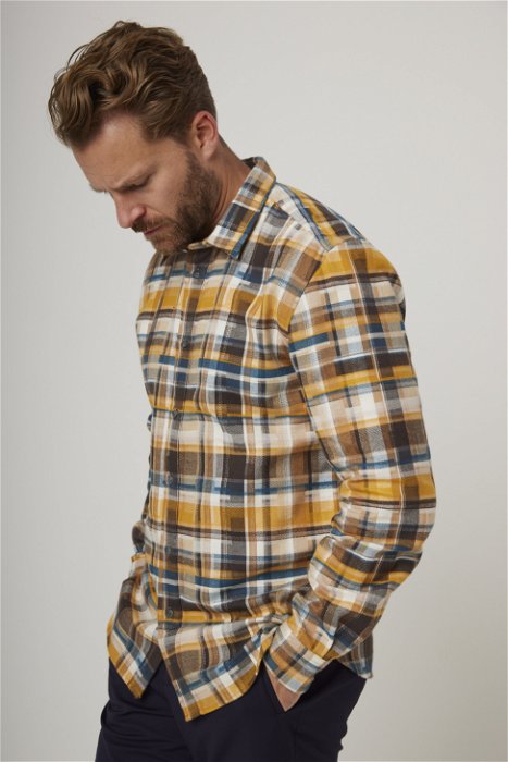 Image of model wearing Farley Shirt. Model is 6ft1in, chest size 38in and wearing size Large