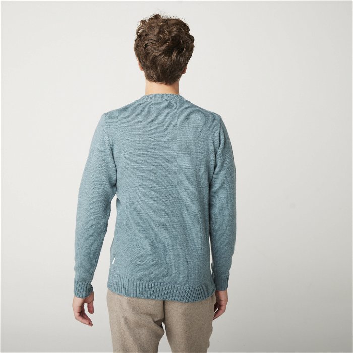 Image of model wearing Makers Stitch Jumper. Model is 6ft1in, chest size 38in and wearing size Medium 