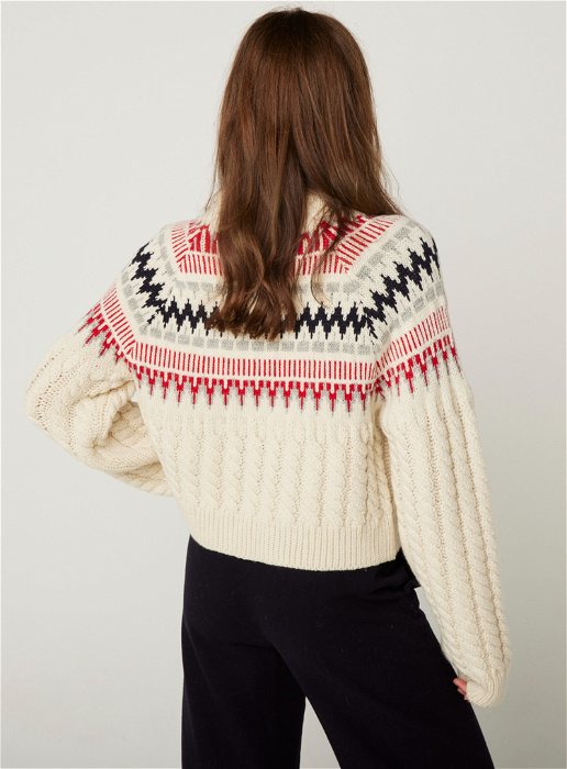 Image of model wearing Alpine Chalet Sweater. Model is 5ft8in, size UK 8 and wearing size Small