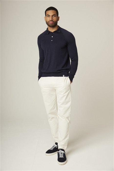 Image of model wearing Long Sleeve Wool Polo Shirt. 