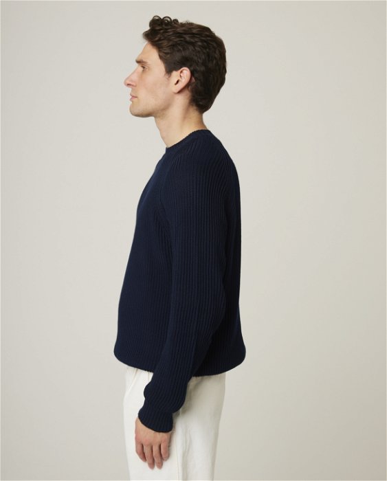 Image of model wearing Harry Sweater. Model is 6ft, chest size 36in and wearing size Medium