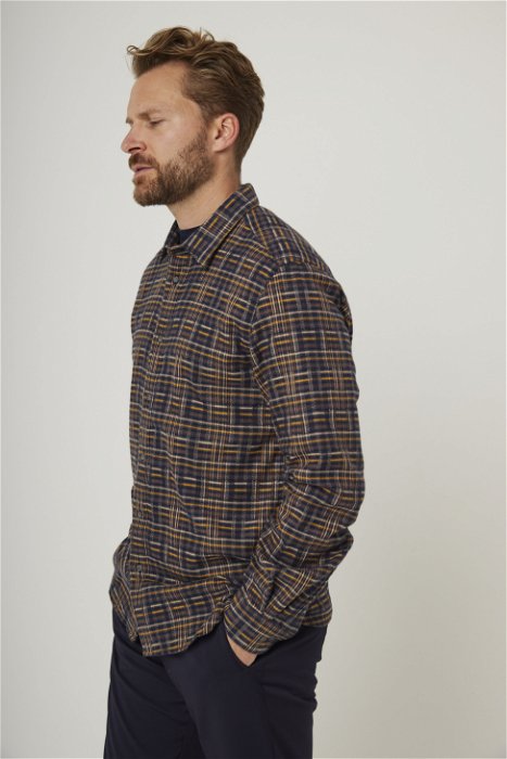 Image of model wearing Farley Shirt. Model is 6ft1in, chest size 38in and wearing size Large