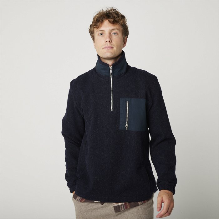Image of model wearing Pocket Fleece. Model is 6ft1in, chest size 38in and wearing size Large