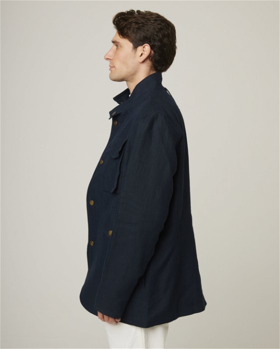 Image of model wearing Malvern Linen Jacket. 