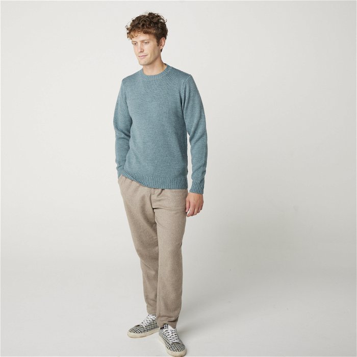 Image of model wearing Makers Stitch Jumper. Model is 6ft1in, chest size 38in and wearing size Medium 