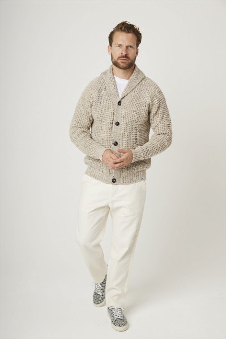 Image of model wearing Waffle Shawl Cardigan. Model is 6ft, chest size 36in and wearing size Medium