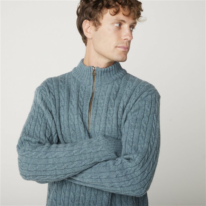 Image of model wearing Cable Zip Neck. Model is 6ft1in, chest size 38in and wearing size Large
