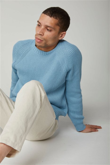 Image of model wearing Harry Sweater. Model is 6ft, chest size 36in and wearing size Large