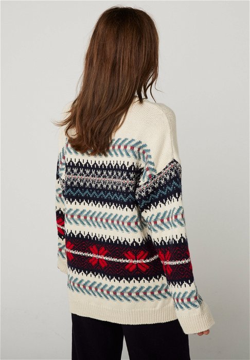 Image of model wearing Alpine Apres Sweater. Model is 5ft8in, size UK 8 and wearing size Small