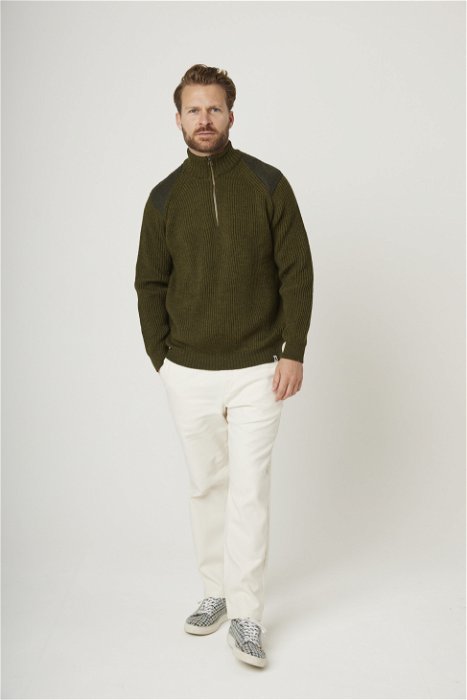 Image of model wearing Foxton Zip Neck. Model is 6ft0in, chest size 40in and wearing size L