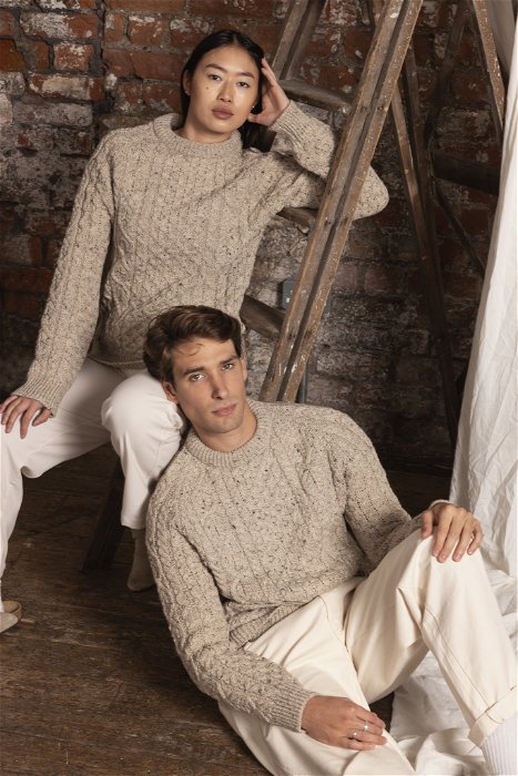 Image of model wearing Hudson Aran Jumper. Model is 6ft, chest size 36in and wearing size Large