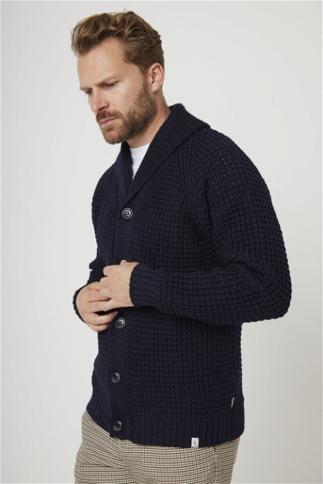 Image of model wearing Waffle Shawl Cardigan. Model is 6ft1in, chest size 38in and wearing size Large