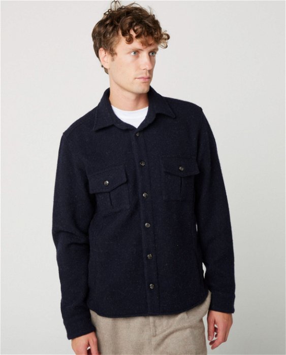 Image of model wearing Dexter Overshirt. Model is 6ft1in, chest size 38in and wearing size Medium