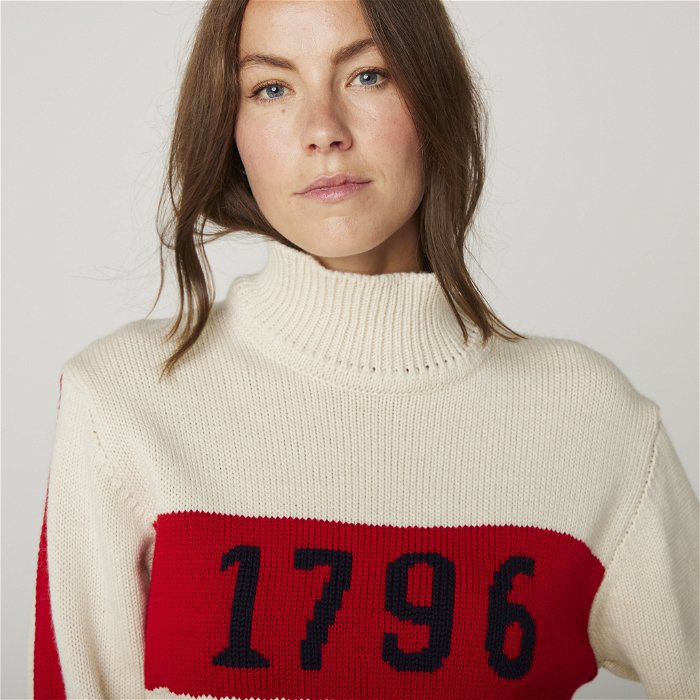 Image of model wearing 1796 Crew Jumper. Model is 5ft8in, size UK 8 and wearing size Large