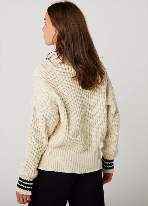 Image of model wearing Weymouth Cardigan. Model is 5ft8, size UK 8 and wearing size Small