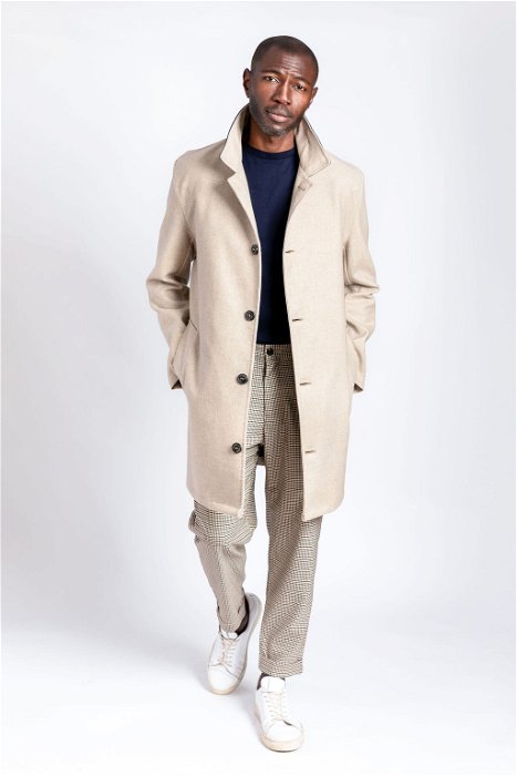 Image of model wearing Bonded Wool Mac. Model is 6ft0in, chest size 40in and wearing size Medium