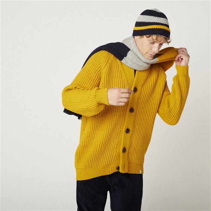 Image of model wearing Wilkinson Cardigan. Model is 6ft1in, chest size 38in and wearing size Large