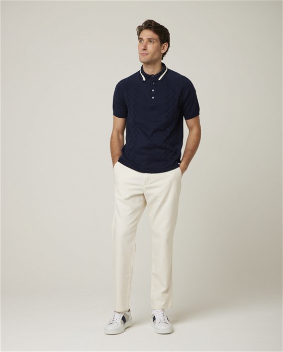 Image of model wearing Textured Cotton Polo Shirt. 