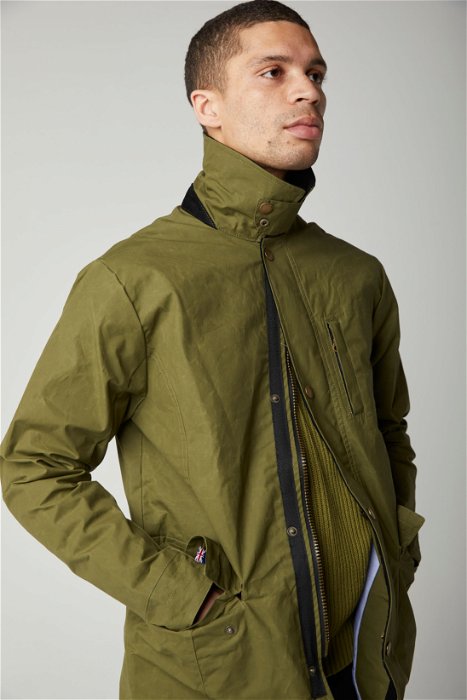 Image of model wearing Clifton Jacket. Model is 6ft, chest size 36in and wearing size Medium