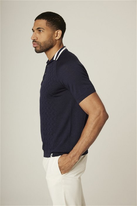 Image of model wearing Textured Wool Polo Shirt. 