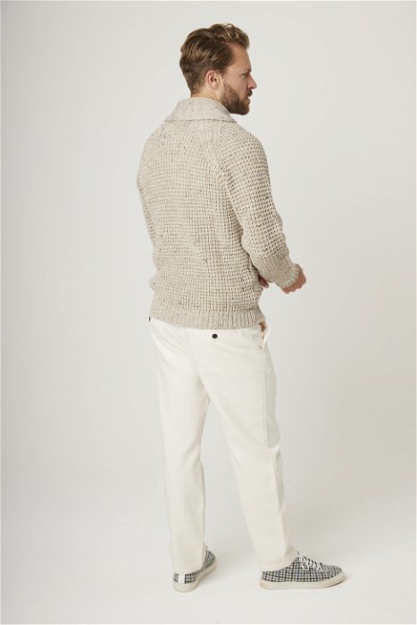 Image of model wearing Waffle Shawl Cardigan. Model is 6ft, chest size 36in and wearing size Medium